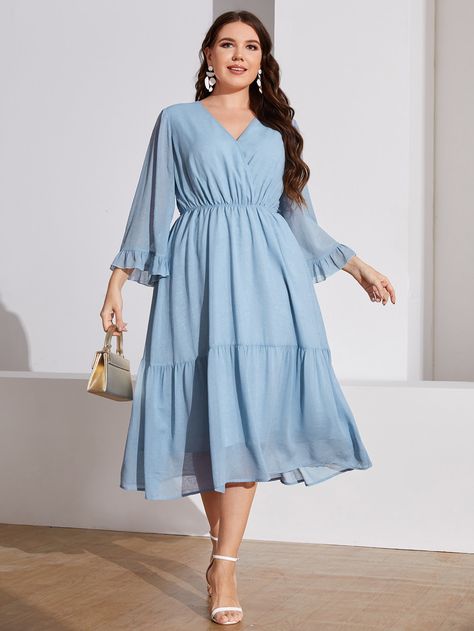 Baby Blue Elegant  Three Quarter Length Sleeve Polyester Plain A Line Embellished Non-Stretch  Plus Size Dresses Light Blue Dress Plus Size, Chic Light Blue Puff Sleeve Dress, Casual Light Blue Puff Sleeve Dress, Flowy Mid-length Blue Maxi Dress, Powder Blue Maternity Dress, Blue Wedding Guest Outfits, Sky Blue Midi Dress, Dressy Casual Wedding, Blue Wedding Guest Dresses