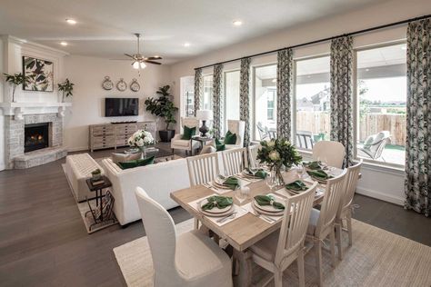 Dining Room in Highland Homes 272 Plan at 6938 Hallie Hill, Schertz, TX in the Hallie's Cove community Dining Room Family Room Combo Layout, Great Room Dining Room Combo Layout, Formal Dining Room Living Room Combo, Formal Living Dining Room Combo Layout, Family Room And Dining Room Combo, Farmhouse Living Room Dining Room Combo, Kitchen Dining Family Room Combo Layout, Combo Dining And Living Room, Chandelier For High Ceiling Dining Room