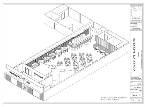 GONZALO'S JAZZ CLUB Restaurant & Piano Bar Design. Proposal by Yosvany Teijeiro Music Bar Design, Jazz Bar Interior, Coffee Shop Bar Design, Disco Chic, Live Music Bar, Coffee Interior, Restaurant Designs, Restaurant Plan, Bar Flooring