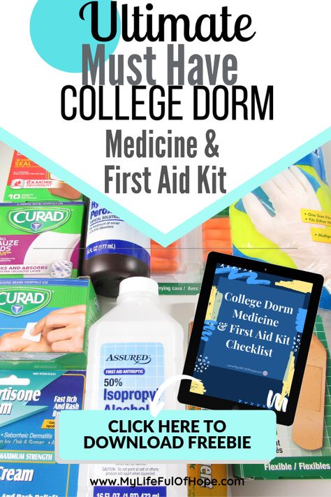 College First Aid Kit List, Medicine List For College, First Aid Kit For College Students, Dorm Medicine Kit, First Aid Organization, Freshmen Year Survival Kit, Dorm Tips, First Aid Kit Checklist, Diy First Aid Kit