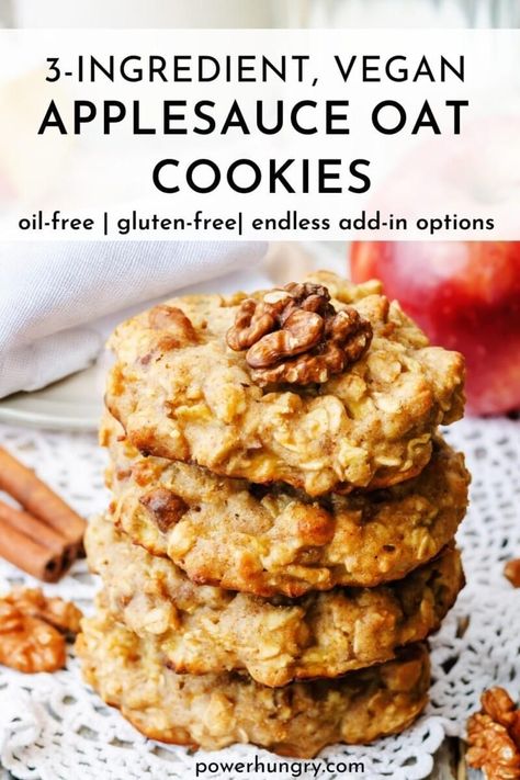 3-Ingredient vegan applesauce oat cookies are oil-free, gluten-free & endlessly variable! Enjoy them for breakfast, snack-time, or dessert. #applesauce #wfpb #wfpbno #oilfreecookies #3ingredients #oats #3ingredientrecipe #3ingredientcookies #wfpbnobaking #oilfreevegan #plantbased #cleaneating #cleaneats #applesaucecookies #oatcookies #wfpbnorecipe #wfpbbaking #wfpbnocookies #wfpbfamily #wfpbrecipes #breakfastcookie #toddlercookie Fat Free Sugar Free Recipes, 2 Ingredient Vegan Recipes, Dairy Free Breakfast Cookies, Baking With Applesauce Healthy, Healthy Oatmeal Recipes Cookies, Healthy Oat Cookie Recipes, Oatmeal Vegan Cookies, Healthy Gf Cookies, Gluten Free Dairy Free Egg Free