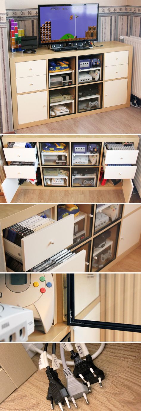 Organize Video Game Consoles, Gaming Cabinet, Video Game Storage, Geek Room, Room Video, Retro Games Room, Nerd Room, Ikea Inspiration, Ikea Expedit