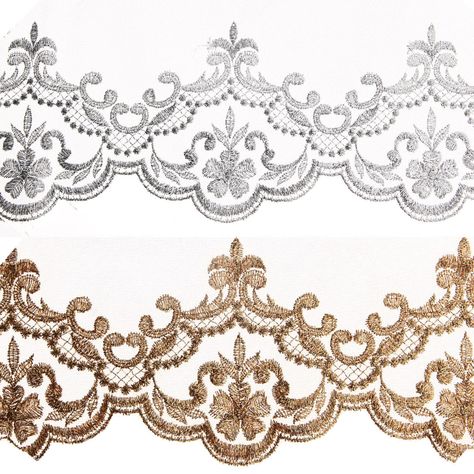 Annielov trim lace #352 Sold by the yard. Lace will be supplied in a continuous length of up to 14 yards. - Color: Gold or Silver - Materials: Rayon - Measurement: about 130mm wide - Origin: Annielov / Made in Korea  This beautiful " Trim Lace " is perfect for embellishing dresses, hair accessories, hats, clothing, belts and many more! If you want another color of this same design :  https://www.etsy.com/shop/annielov korean handmade hair accessories wholesale manufacturer headband lovely anniel Bridal Wedding Flowers, Wedding Applique, Wholesale Hair Accessories, Border Embroidery Designs, Meme Design, Wedding Lace, Handmade Hair Accessories, Lace Headbands, Embroidery Fashion