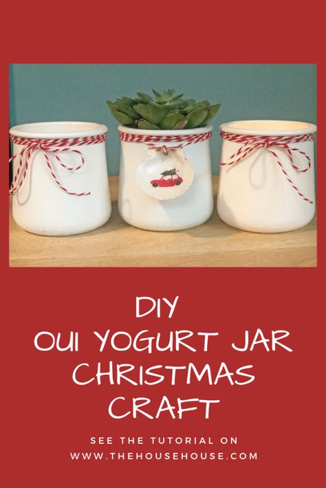 Oui Yogurt Jar Simple Christmas Craft - Crafts For Oui Yogurt Jars, Uses For Oui Jars, Repurposed Oui Yogurt Jars, Christmas Oui Jar Crafts, Oui Yogurt Jars Ideas Cricut, Things To Do With Oui Yogurt Jars, Small Glass Jar Crafts Diy Projects, Qui Yogurt Jar Crafts, Diy With Oui Jars