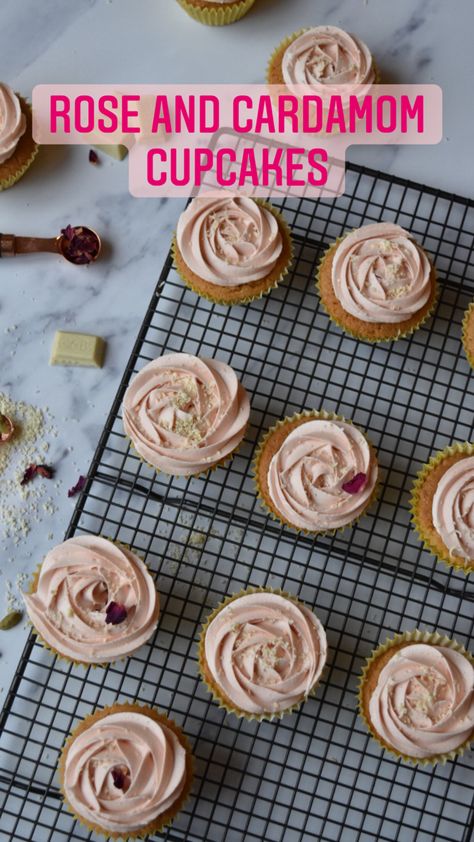 Cardamom Cupcake Recipes, Vday Baking, Cardamom Cupcakes, Rose Frosting, Rose Muffins, Pistachio Cupcakes, Cottage Recipes, Rose Growing, Cupcake Business