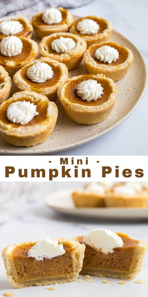 Small Pumpkin Pie, Thanksgiving Recipes Dessert Pies, Holiday Baking Thanksgiving, Pies Thanksgiving, Mini Pumpkin Pies Recipe, Desserts Mini, Small Thanksgiving, Cinnamon Whipped Cream, Mini Pie Recipes