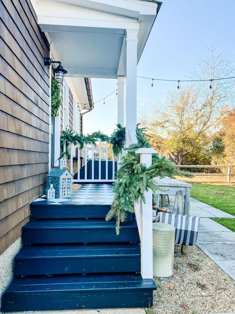 How to Decorate a Small Porch for Christmas | Most Lovely Things Small Back Porches, Black And White Diamond Pattern, Small Porch, Ring Lamp, Magnolia Wreath, New Canaan, Leather Stool, Small Porches, Casual Home