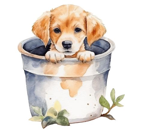 Premium Vector | Puppy in a bucket watercolor painting. Cute Puppy Painting, Watercolor Art Ideas Animals, Watercolor Puppy Easy, Puppy Watercolor Paintings, Dogs Watercolor Paintings, Dog Watercolour Painting, Watercolour Inspiration Animals, Dog Watercolor Painting Easy, Puppy Painting Easy