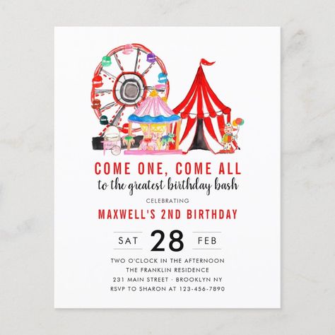 Budget Carnival Circus Show Birthday Invitation  Zazzle Modern Carnival, Circus Festival, Carnival Birthday Invitations, Theme Carnaval, Carnival Birthday Party, Come One Come All, Carnival Circus, Carnival Themed Party, Circus Birthday Party