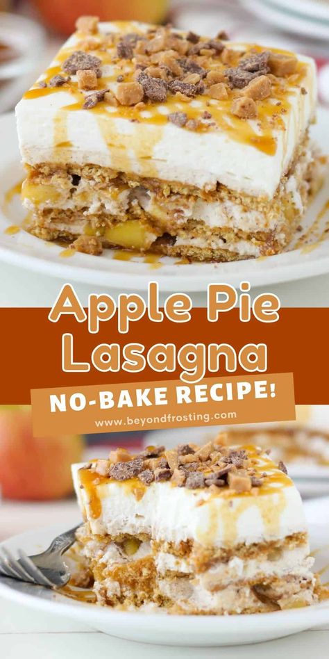 This Apple Pie Lasagna is a no-bake dessert that's made up of layers of graham cracker topped with caramel brown sugar cream cheese, homemade apple pie filling, whipped cream, and Heath toffee bits. Oatmeal Apple Pie, Baked Apple Oatmeal, Oatmeal Apple, Toffee Chips, Homemade Apple Pie Filling, Apple Pie Filling, Baked Apple Pie, Apple Dessert Recipes, Homemade Apple Pies