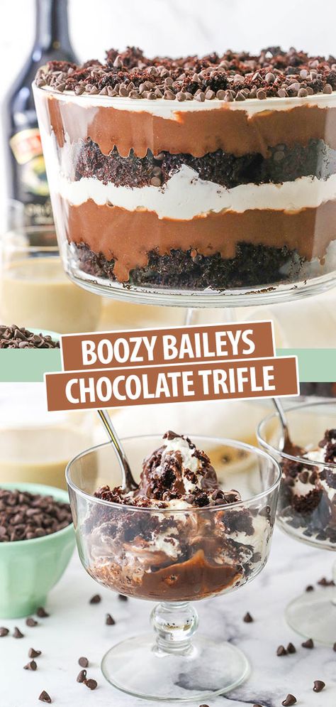 Trifles Desserts, Baileys Desserts, Baileys Trifle, Chocolate Cheesecake Trifle, Baileys Whipped Cream, Baileys Chocolate Cheesecake, Easy Moist Chocolate Cake, Infused Desserts, Baileys Dessert