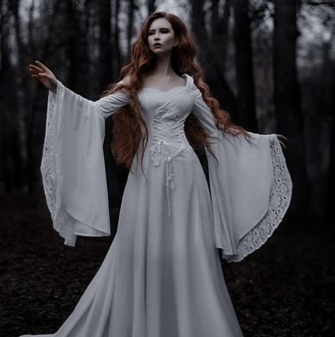 Female Goddess Outfit, White Witch Outfit Aesthetic, White Vampire Dress, White Robes Fantasy Aesthetic, White Witch Aesthetic Outfit, White Flowy Dress Goddesses, White Witch Outfit, White Witch Dress, White Goddess Dress