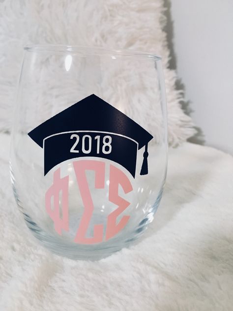 Phi Sigma Sigma | Sorority Graduation | Gift | Stemless Wine Glass | Sorority Craft | DIY | Big Little | Palm Leaves | Cricut | Viny | To Purchase: IG @brisboutiquecrafts | $10 Senior Sorority Gifts, Cricut Sorority Ideas, Senior Send Off Sorority, Sorority Senior Send Off, Sorority Senior Gifts, Senior Baskets, Graduation Paddle, Sorority Gifts Diy, Vinyl Station