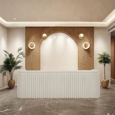 Make every reception a delightful experience. It's not just about enhancing your work efficiency; it's about creating a warm, professional reception space. Let every client feel the meticulous attention to detail here, leaving a profound impression. Now, let this uniquely styled reception desk become a part of your journey to professional success. LKIWXAQ RECEPTION DESK Color: Beige, Size: 39.37" H x 102.36" W x 23.62" D | LKIWXAQ RECEPTION DESK Vintage-Style Front Desk Computer Desk Rectangle W Upscale Boutique Interior, Spa Reception Design Waiting Rooms, Legal Office Decor, Front Desk Aesthetic, Art Deco Reception Desk, Reception Desk Design Entrance, Medical Office Reception Desk, Spa Front Desk, Reception Office Design