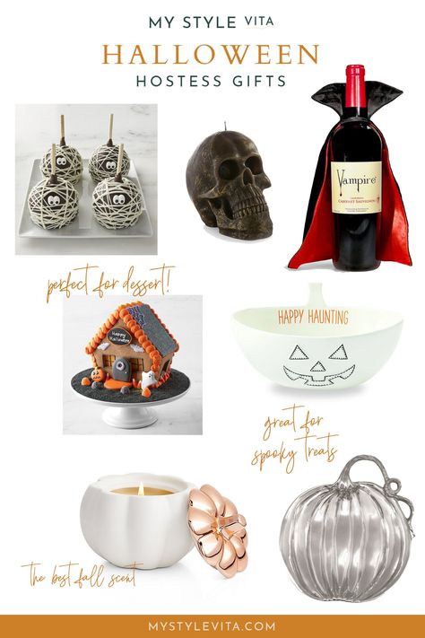 Halloween Hostess Gift Ideas - Halloween decor and presents for the host Halloween Hostess Gift Ideas, Host Gift Ideas, Halloween Hostess Gifts, Halloween Gingerbread House, Halloween Candy Apples, Hostess Gift Ideas, Spooky Candy, Entertaining Tips, Gourmet Candy