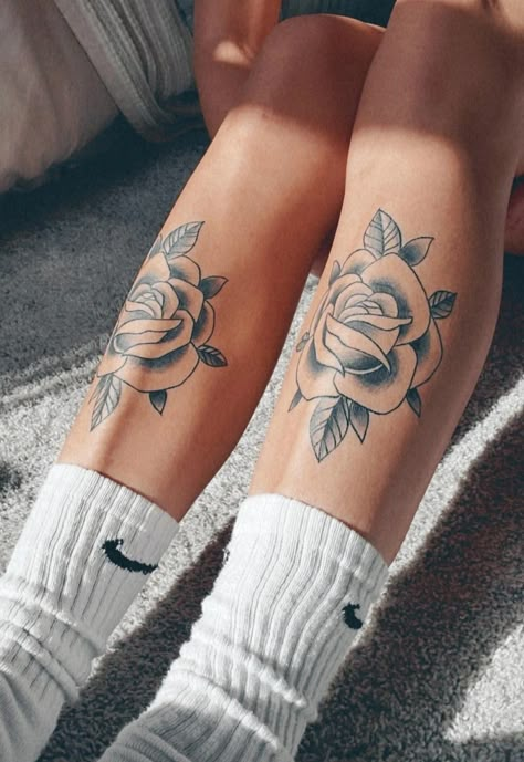 Roses On Leg Tattoo, Rose Above Knee Tattoo, Medium Thigh Tattoo, Matching Shin Tattoos, Shin Flower Tattoo, Shin Tattoos For Women Ideas, Flower Shin Tattoo, Rose Tattoo On Leg, Front Shin Tattoo For Women