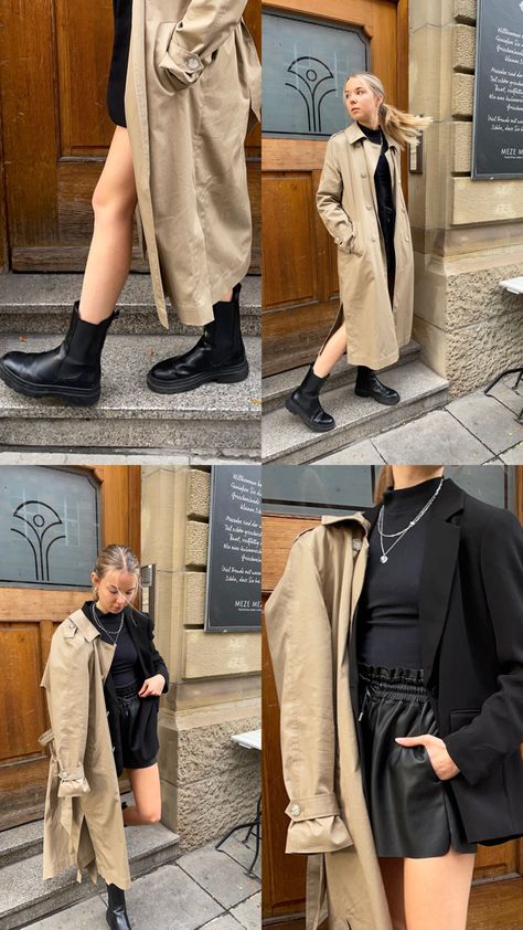 Outfit winter autumn Trenchcoat leather short Chelsea Boots city stuttgart blazer black Short Chelsea Boots Outfit, Short Chelsea Boots, Chealsea Boots, Boots Shorts, Chelsea Boots Outfit, Leather Short, Outfits 2022, Outfit Winter, Blazer Black