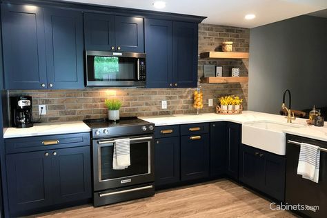 Shaker Navy Blue L =Shaped Kitchen with Gold Hardware - Cabinets.com Navy Kitchen Black Appliances, Navy Blue Kitchen Cabinets Farmhouse, Kitchen With Gold Hardware, Kitchen Cabinets With Black Appliances, Blue Kitchen Appliances, Navy Kitchen Cabinets, Gold Kitchen Hardware, Navy Blue Kitchen Cabinets, Future Farmhouse