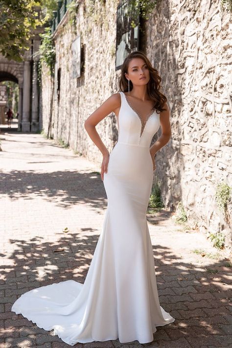 Wedding Dresses Sheer, Cathedral Wedding Dress, Wedding Gown Backless, Satin Bridal Gowns, Sheer Wedding Dress, Minimalist Wedding Dresses, Mermaid Wedding Dresses, Backless Wedding, Wedding Dress Fabrics