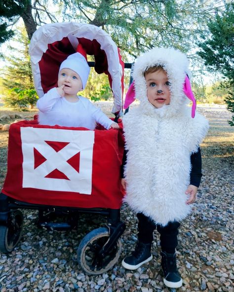 DIY Old Macdonald Costumes Red barn wagon Chicken costume Sheep costume Sheep Costume, Sheep Costumes, Chicken Costume, Chicken Costumes, Old Macdonald, Red Barn, Kids Costumes, Sheep, Halloween Costumes