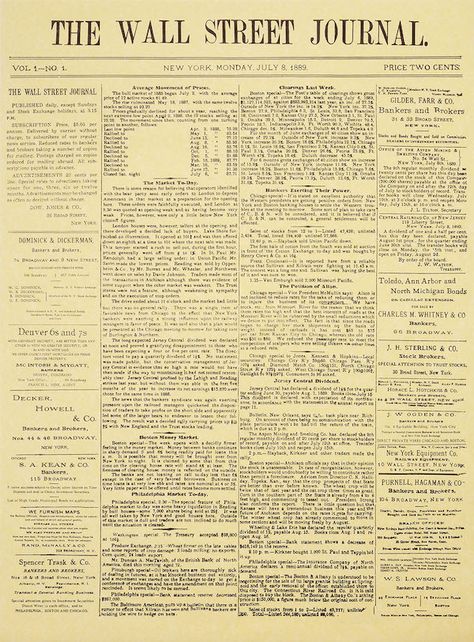 The Front Page Of The First Edition Of ‘The Wall Street Journal’ From 1889 Journal Business, Living Room Floor Plans, Wall Storage Systems, Nyc History, Journal News, Newspaper Design, Dow Jones, The Wall Street Journal, Family Wall