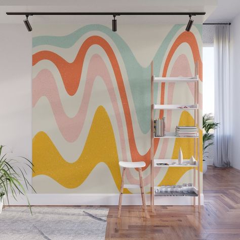 Retro Stripe Mural, Wave Accent Wall, Wavy Wall Mural, Mural Behind Tv, Retro Mural Wall Art, Squiggle Mural, Cool Accent Walls, Squiggle Wall Mural, Wavy Wall Paint