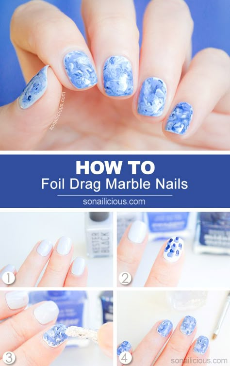 Foil Drag Marble Nail Art How To Marble Nails Tutorial, Water Marble Nail Art, Quick Nail Art, Water Marble Nails, Marble Nail Designs, Marble Nail, Water Marble, Nail Designs Tutorial, Nail Art Techniques