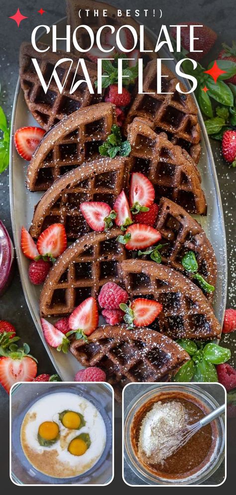 Chocolate Waffle Recipe, Chocolate Chip Waffles, Easy Waffle Recipe, Dessert Waffles, Waffle Maker Recipes, Fluffy Waffles, Strawberry Waffles, Crispy Waffle, Chocolate Waffles