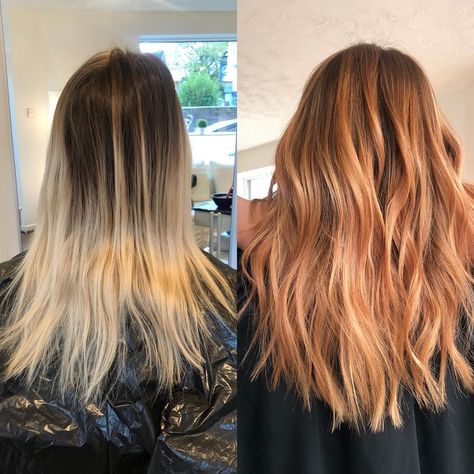 Blonde To Copper Balayage, Blond To Red Hair Before And After, Blonde To Copper Hair Before And After, Blonde To Red Hair Before And After, Balayage Transformation, Copper Balayage, Hot Hair Styles, Colour Inspiration, Hair Color And Cut