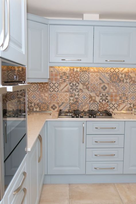 Pantry Blue Traditional Shaker Kitchen | Patterned Tiles | Stone Effect Floors | Kitchen, Beautiful kitchens, Shaker kitchen Provance Kitchens, Pantry Blue, Kitchen Backsplash White, Tile Update, Backsplash Kitchen Tile, Kitchen Tile Floor, Kitchen Tiling, Tiling Ideas, Quartz Worktop