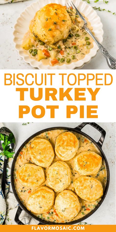 Warm up with a comforting Biscuit Topped Turkey Pot Pie, where tender turkey mingles with hearty vegetables in a creamy broth, all topped with golden, flaky biscuits. This cozy dish transforms leftover turkey into a family favorite, perfect for chilly evenings. Baked to perfection, each bite delivers satisfaction and nostalgia. Serve it hot, garnished with fresh herbs for an extra touch! Single Serving Pot Pie, Turkey Biscuit Pot Pie, Turkey Leftover Pot Pie, Turkey Potpie With Biscuits Easy Recipes, Turkey Pot Pie Recipe Easy Bisquick, Turkey Dinner Pie, Meals Using Leftover Turkey, Turkey Pot Pie Crescent Rolls, Turkey And Biscuits Recipe