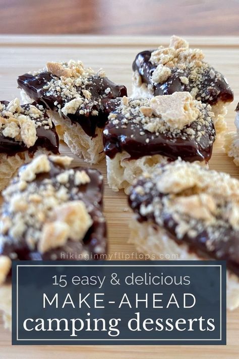 Rice Krispies Treats s'mores, which are excellent make-ahead camping desserts Camping Baking Ideas, No Bake Camping Desserts, Desserts While Camping, Easy Desserts For The Lake, Easy Dessert For Camping, Camping Sweets Desserts, Simple Camping Desserts, Travel Desserts Easy, Dessert Recipes For Camping