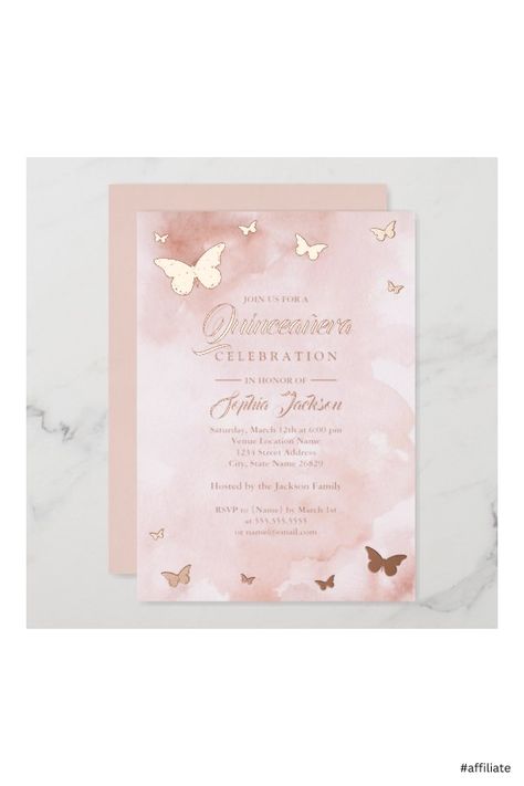 Color Durazno, Quinceanera Pink, Debut Invitation, Quince Invitations, Butterfly Invitations, Quince Decorations, Rose Gold Butterfly, Rose Gold Invitations, Sweet Sixteen Invitations