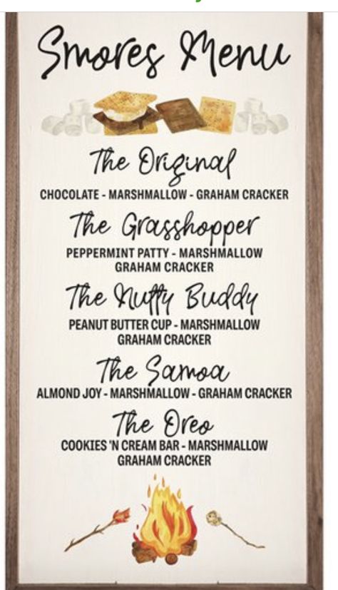 Fall is here.. New twists on our favorite Smores Menu, Smores Bar Party, Campfire Snacks, Bonfire Birthday, Smores Party, Smore Recipes, Bonfire Party, Camping Birthday Party, Menu Sign