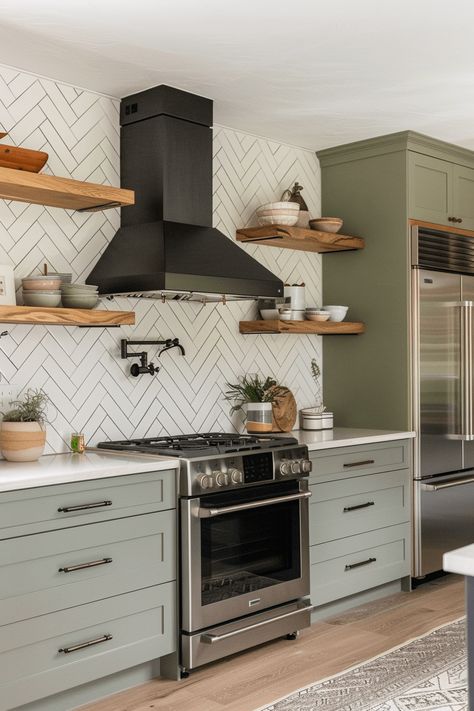 Sage Kitchen Cabinets Modern, Sage Kitchen Appliances, Oak And Sage Green Kitchen, Gray Green Cabinets Kitchen, Botanical Kitchen Ideas, White Kitchen Green Accents, Modern Sage Green Kitchen, Sage Green Backsplash Kitchen, Sage Kitchen Ideas