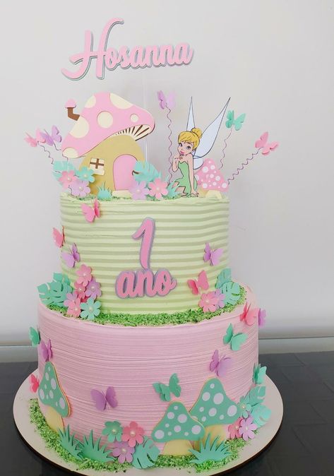 Bolo Tinker Bell, Tinkerbell Cake, Butterfly Birthday Cakes, Unique Birthday Cakes, New Cake, Butterfly Birthday, Pretty Birthday Cakes, Tinker Bell, 5th Birthday