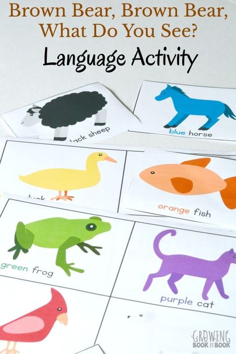 Brown Bear Brown Bear Printable Language Activity is a great way to get children asking questions and using critical thinking skills.  It's the perfect activity to do after reading Brown Bear, Brown Bear, What Do You See? via @growingbbb Communication And Language Activities, Brown Bear Brown Bear Activities, Brown Bear Book, Language Activities Preschool, Preschool Language Arts, Oral Language Activities, Language Development Activities, Bear Printable, Brown Bear Brown Bear