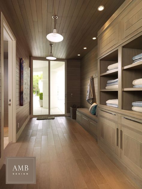 Mud room design by Anne Marie Barton ... Would be great for a beach or lake house! Pool Change Room Ideas, Pool Changing Room Ideas, Pool House Changing Room, Pool House Storage, Pool Changing Room, Pool Changing Rooms, Pool House Bathroom, Pool Storage, Pool Bathroom