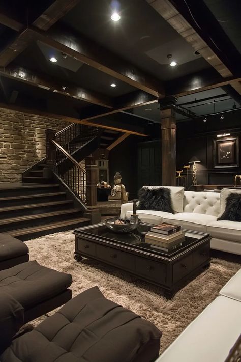 41 Stunning Modern Basement Remodel Ideas - Edward George Column Home Design, Basements With Black Exposed Ceilings, Basement Speakeasy Home Modern, Basement Luxury Ideas, Dream Home Basement, Industrial Interior Design Basement, Dark And Moody Basement Bar, Basement Remodel Modern, Moody Barndominium Interior