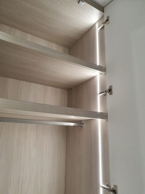 Linen Closet Lighting, Closet Shelf Lighting, Bedside Wardrobe, Classic Bedroom Design, Wardrobe Laminate Design, Wardrobe Light, Wardrobe Lighting, Dream Closet Design, Bedroom Cupboards