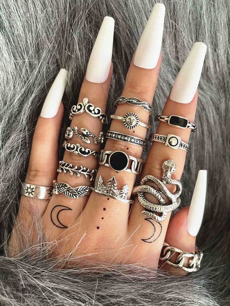 Antique Silver Funky   Zinc Alloy   Embellished   Jewelry Emo Jewelry, Ring Sets Boho, Edgy Jewelry, Star Cross, Vintage Style Rings, Stacking Ring Set, Rhinestone Ring, Halloween Jewelry, Set Women