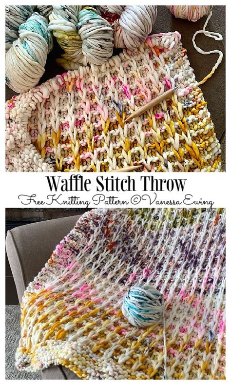 Waffle Stitch Throw Free Knitting Pattern - Knitting Pattern How To Tie A Knitted Scarf, Waffle Stitch Knitting Free Pattern, Waffle Stitch Knitting Pattern, Chenille Blanket Knitting Pattern, Slipped Stitch Knitting Patterns, Small Crochet Ideas, Throw Knitting Pattern, Knit Afghan Patterns Free, 10 Stitch Blanket