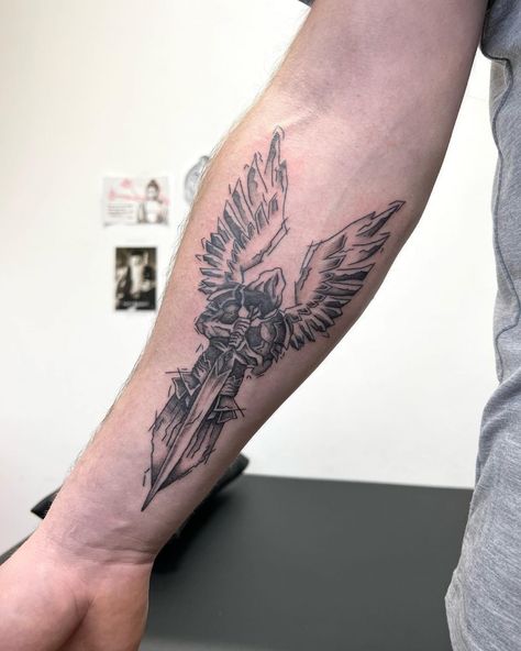 25 Greatest Archangel Tattoo - Small Tattoos & Ideas Angel Tattoo For Men On Arm, Small St Michael Tattoo, Archangel Michael Tattoo For Men Forearm, At Michael The Archangel Tattoo, Principalities Angels Tattoo, Angelic Tattoos Men, Knight Forearm Tattoo, Left Forearm Tattoo Men, Guardian Angel Tattoo For Men Forearm