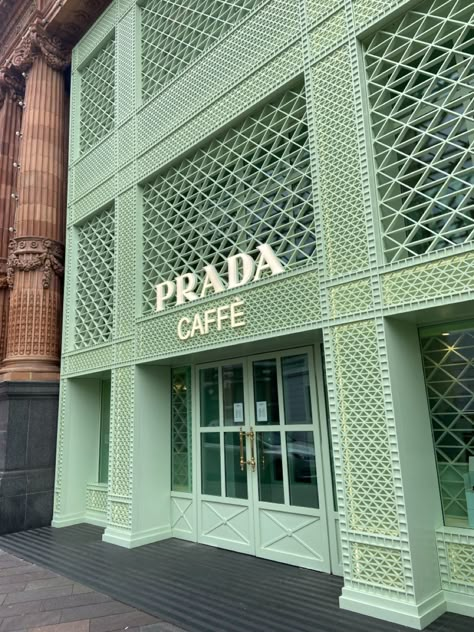 Prada Cafe, Pop Up Cafe, Green Cafe, London Cafe, Galleria Vittorio Emanuele Ii, Harrods London, London Aesthetic, Beautiful Places In The World, Cafe Interior