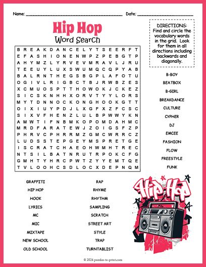 Free Printable Hip Hop Word Search Magic Squares Math, Music Word Search, Disney Word Search, Word Search Puzzles Printables, Free Printable Word Searches, Puzzle Worksheet, Trip Games, Disney Word, Free Printable Puzzles