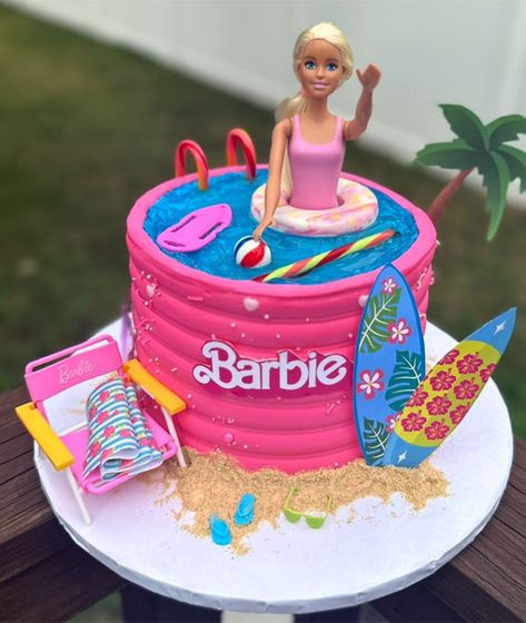 summer-themed cake, summer theme cake, birthday cake, summer vibe cake, colorful cake, colourful cake ideas, tropical vibe cake, sunset tone cake Barbie Swimming Pool Cake, Barbie Pool Cake Ideas, Barbie Beach Cake, Barbie Themed Pool Party, Colourful Cake Ideas, Malibu Barbie Birthday Cake, Cake Summer Theme, Swimming Pool Cake Ideas, Barbie Cakes For Girls Birthday