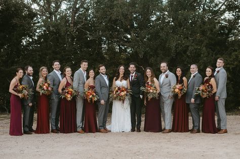 Bridesmaids in different shades of burgundy. The most beautiful fall bouquets. Groomsmen in different shades of grey with the Groom wearing the darkest shade. Grey Tux With Burgundy, Groomsmen In Different Shades Of Grey, Grey Groomsmen Suits With Burgundy, Burgundy And Grey Groomsmen Attire, Grey And Burgundy Groomsmen, New England Fall Wedding Colors, Groom And Groomsmen Attire Burgundy, Groomsmen Burgundy, Different Shades Of Burgundy