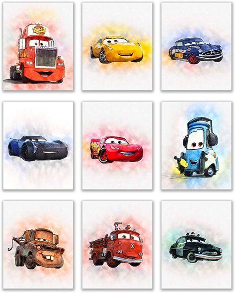 Amazon.com: Cars Movie Poster Prints - Set of 9 (8 inches x 10 inches) Watercolor Photos - Lightning McQueen Tow Mater Doc Hudson Jackson Storm Cruz Ramirez: Posters & Prints Pixar Decor, Cars Movie Poster, Car Toddler Room, Movie Poster Prints, Car Themed Rooms, Flash Mcqueen, Doc Hudson, Cruz Ramirez, Jackson Storm