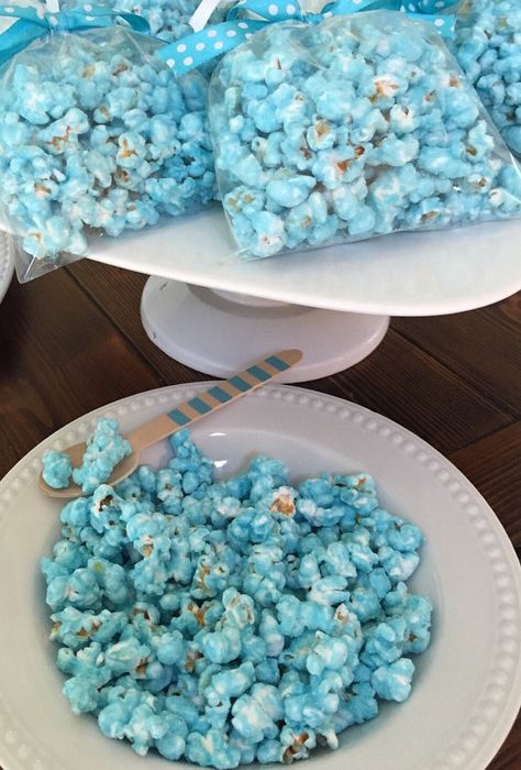 Candy Coated Popcorn Favors  1 dozen by SavannaSweets on Etsy Blue Treats For Party, Pink And Blue Popcorn, Princess Popcorn, Candy Coated Popcorn, Blue Desserts For Baby Shower Boys, Coated Popcorn, January Baby Shower, Blue Candy Buffet, Blue Popcorn