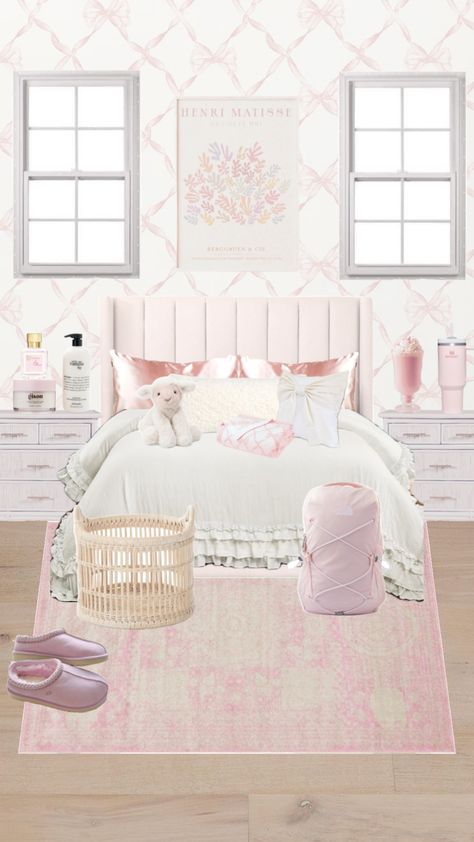 dream bedroom!!! #coquette #pink #aesthetic #coquetteaesthetic #trendy #bedroom #room #roomideas #bedroomideas #shoes #skincare #makeup #northface #stuffedanimals #milkshake #pearls #philosophy #uggs Pink Trendy Bedroom, Bedroom Ideas Light Pink, Shuffles Bedroom, Room Ideas Girly, Pink Coquette Bedroom, Love Shack Fancy Room Aesthetic, Pink Girly Bedroom, Costal Granddaughter Aesthic Room Pink, Pink Girly Room